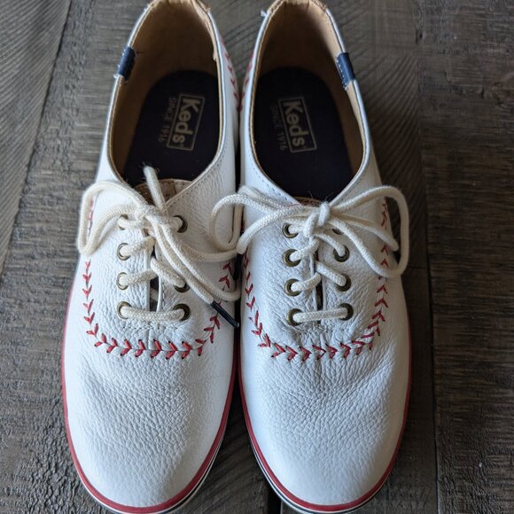 Keds Baseball Stitch Shoes Womens Size 8 White Red Leather Sneakers WH54430 - Picture 1 of 5